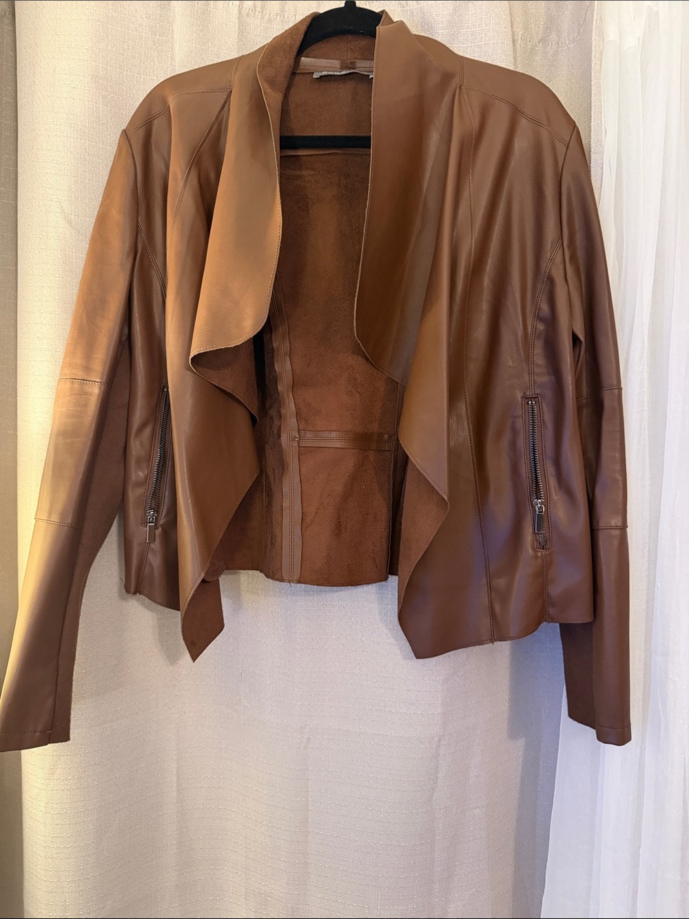 Womens Draped Open-Front Faux Leather Jacket in Brown